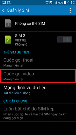 chọn sim để gọi cuộc gọi video